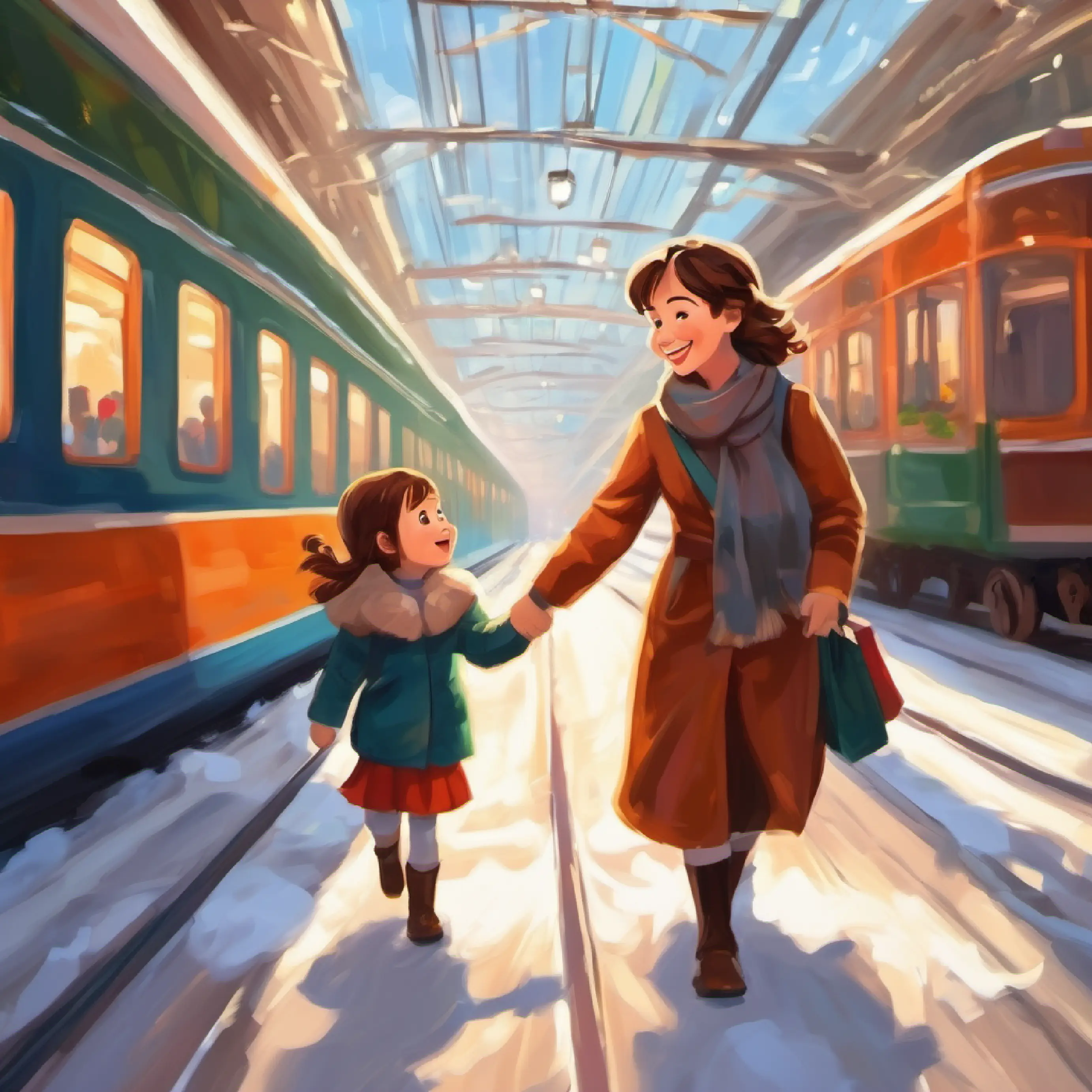 A young girl with brown hair held Mom's hand tight, excited for her very first train ride.