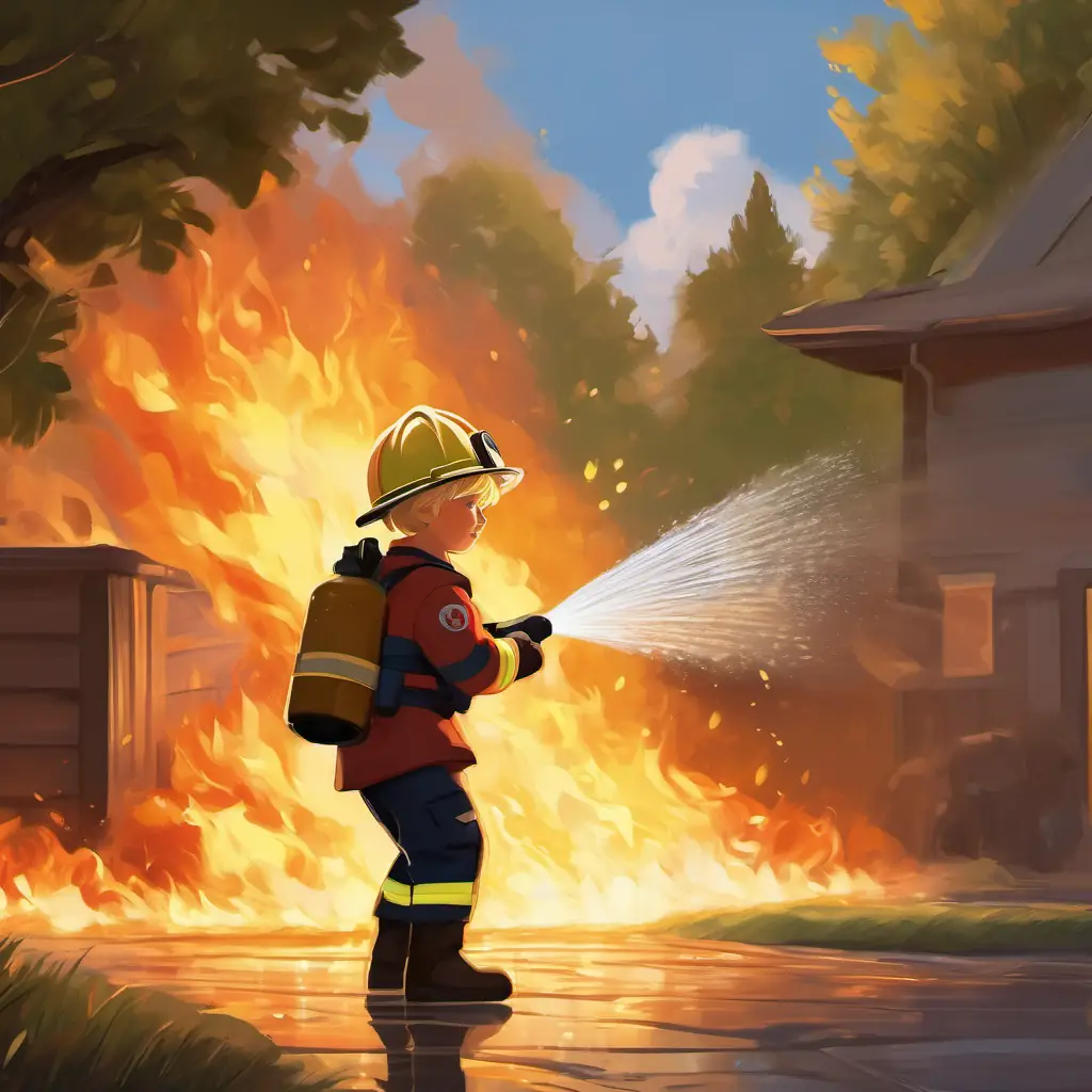 Watch as the firefighters spray water and put out the fire, with Jonas helping to hold the hose and feeling proud to be a hero