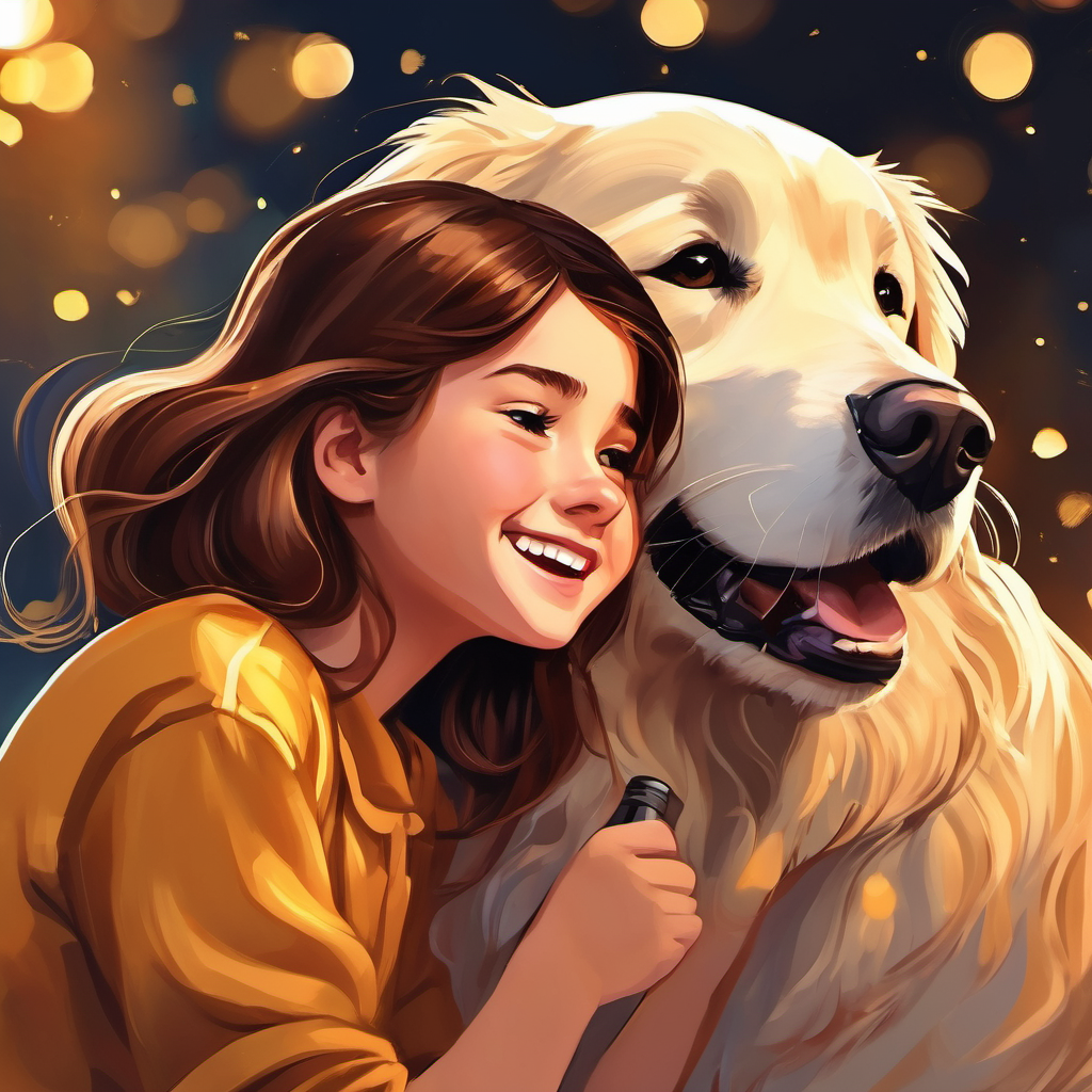 14-year-old girl with brown hair, always wearing a smile singing to Golden retriever with shining golden fur, friendly eyes, Max nuzzling her