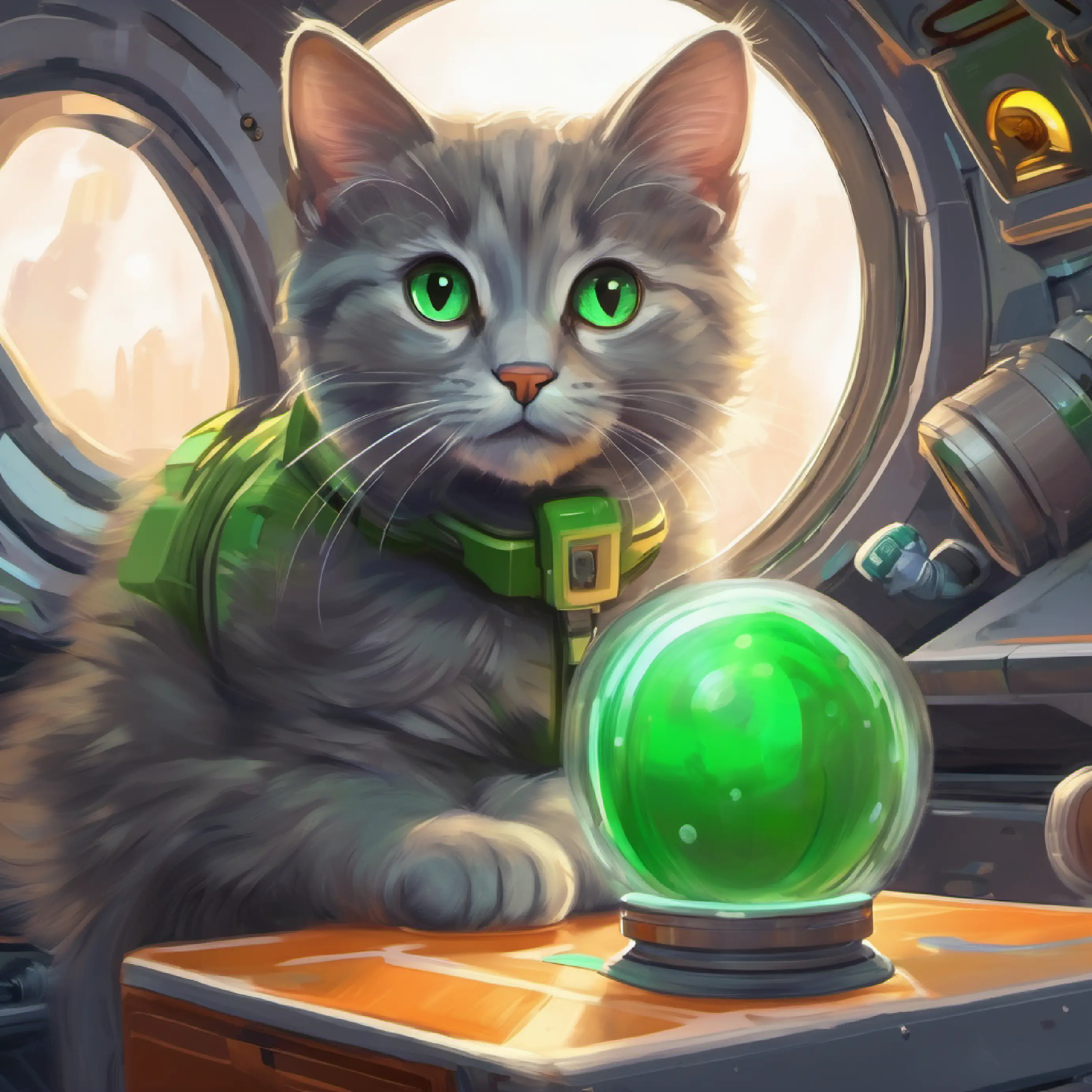 Introducing A curious young cat with silky gray fur and bright green eyes, her space station home, Earth orbit.