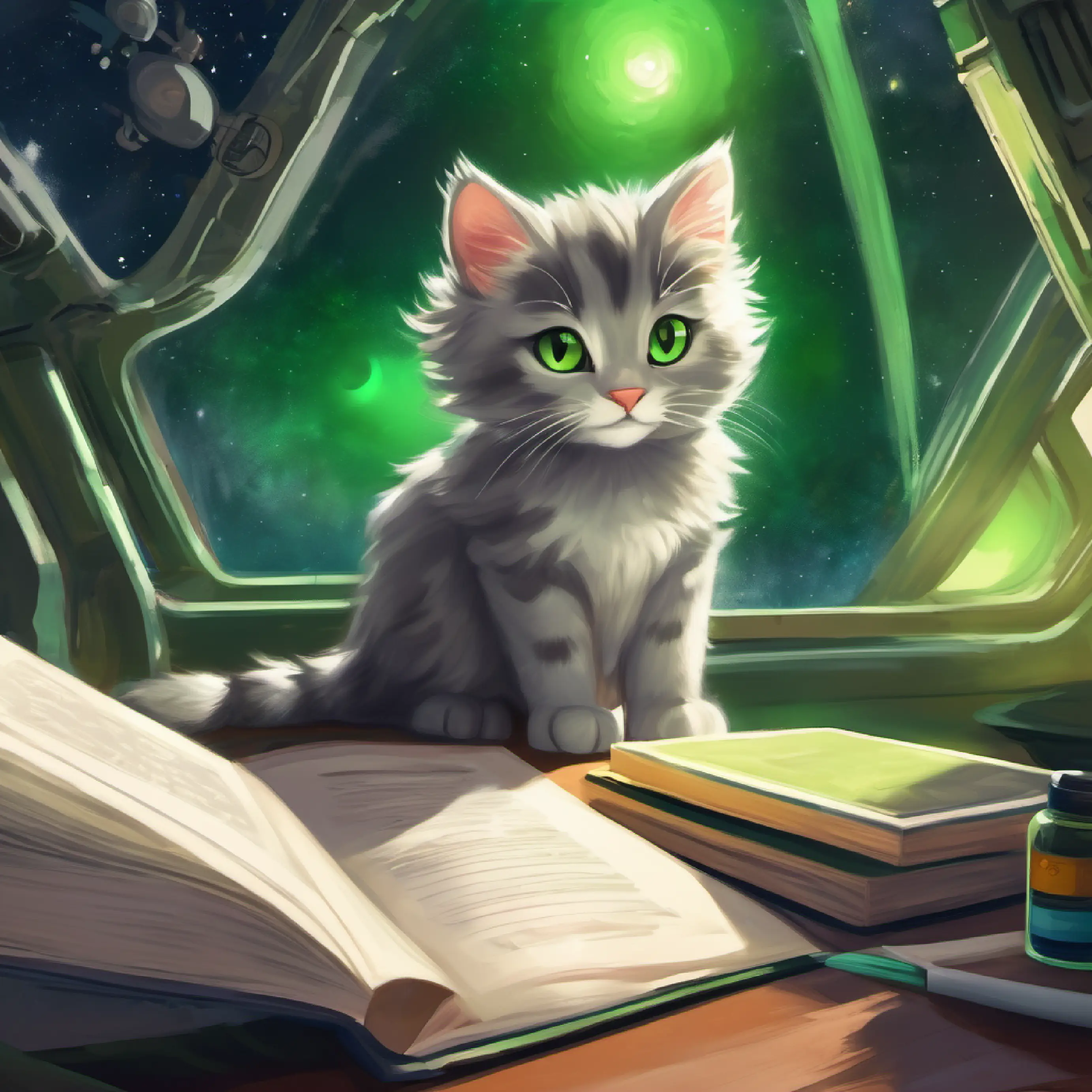 A curious young cat with silky gray fur and bright green eyes enjoys studying Venus from her space station.