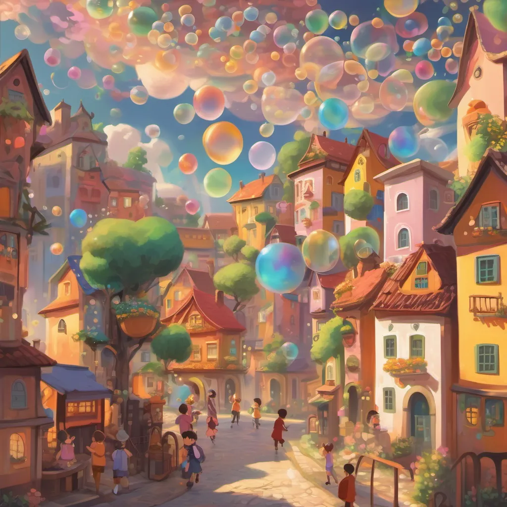 A whimsical town with colorful houses, floating dream bubbles in the air, and children gathered excitedly.