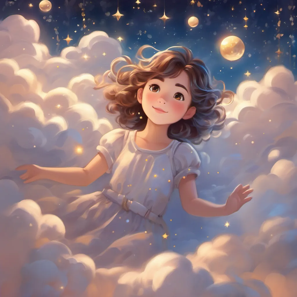 A girl with sparkling eyes laying on a fluffy cloud that floats into a dreamy sky, surrounded by shimmering stars.