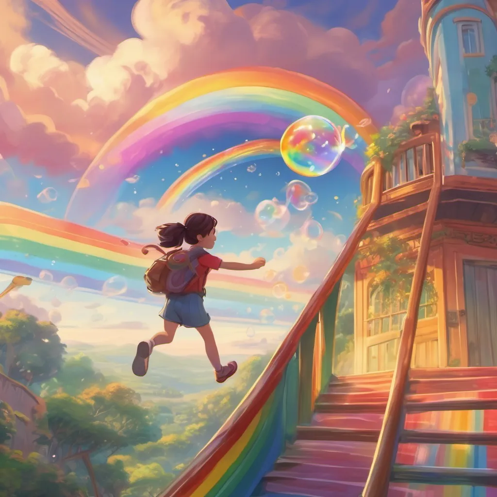 A rainbow slide in the sky with a girl joyfully sliding down, holding a glowing dream bubble.