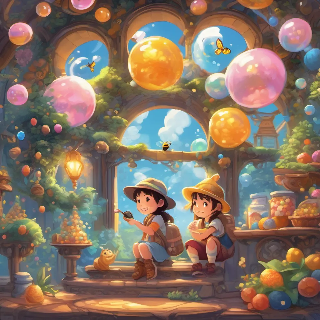 A vivid scene of a dream bubble displaying candy trees and bees; A young girl with bright, sparkling eyes, full of curiosity and joy and A boy with a curious blue hat, always ready for an adventure with his friend Luna watching with laughter.