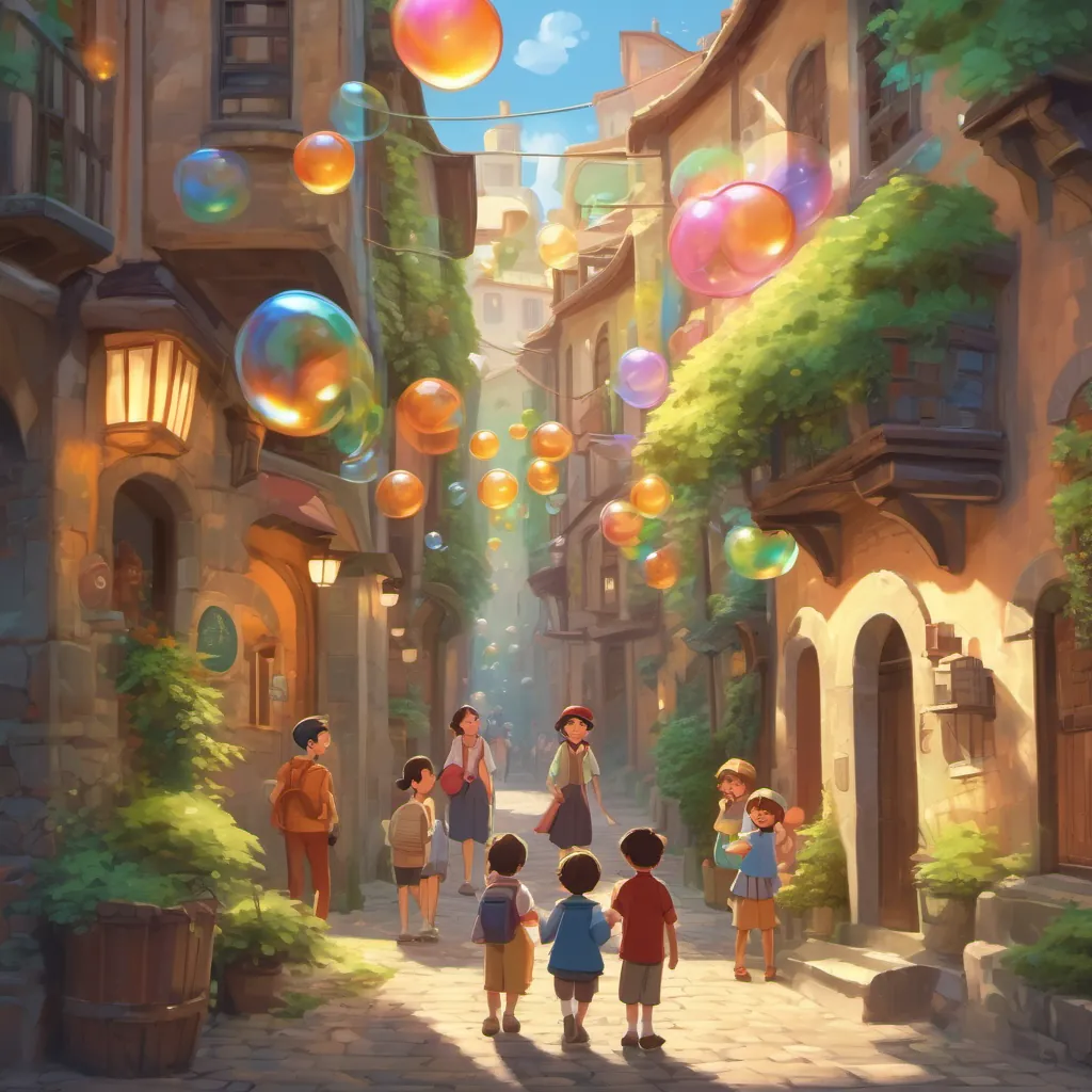A bustling alley with children and adults gathering to watch the dream bubble, everyone smiling and laughing.