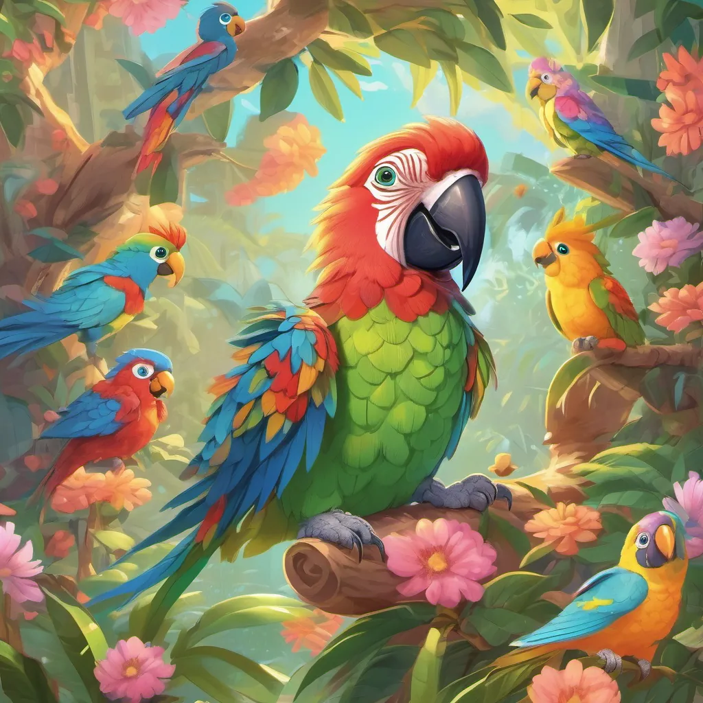 A lively parrot squawking 'Polly wants a dreamy!' with children and adults around, laughing.