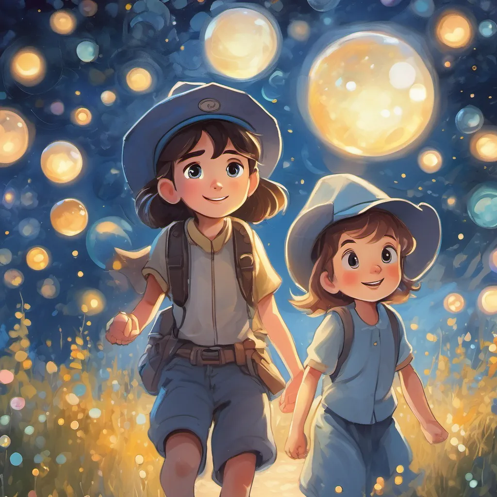 A young girl with bright, sparkling eyes, full of curiosity and joy and A boy with a curious blue hat, always ready for an adventure with his friend Luna walking hand in hand under a starry night sky, dream bubbles gently fading away.