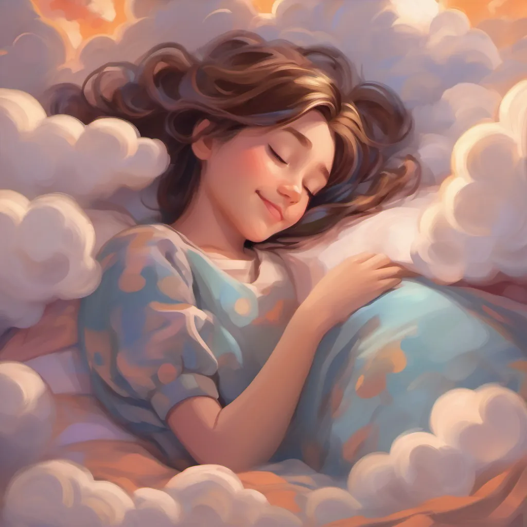 A girl peacefully asleep in bed with dream clouds swirling softly around her, a content smile on her face.