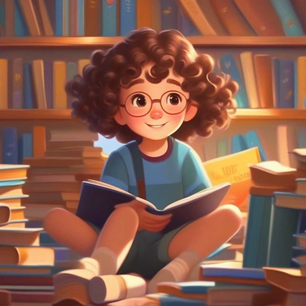 Rancy with curly brown hair, smart and adorable reading books and solving puzzles, happy and focused