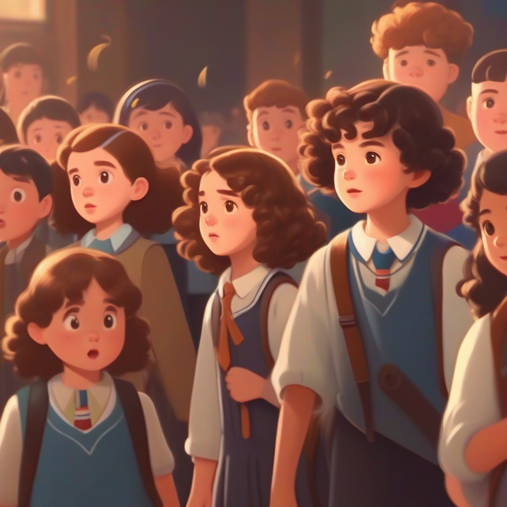 Rancy with curly brown hair, smart and adorable's classmates challenging her, determined and nervous