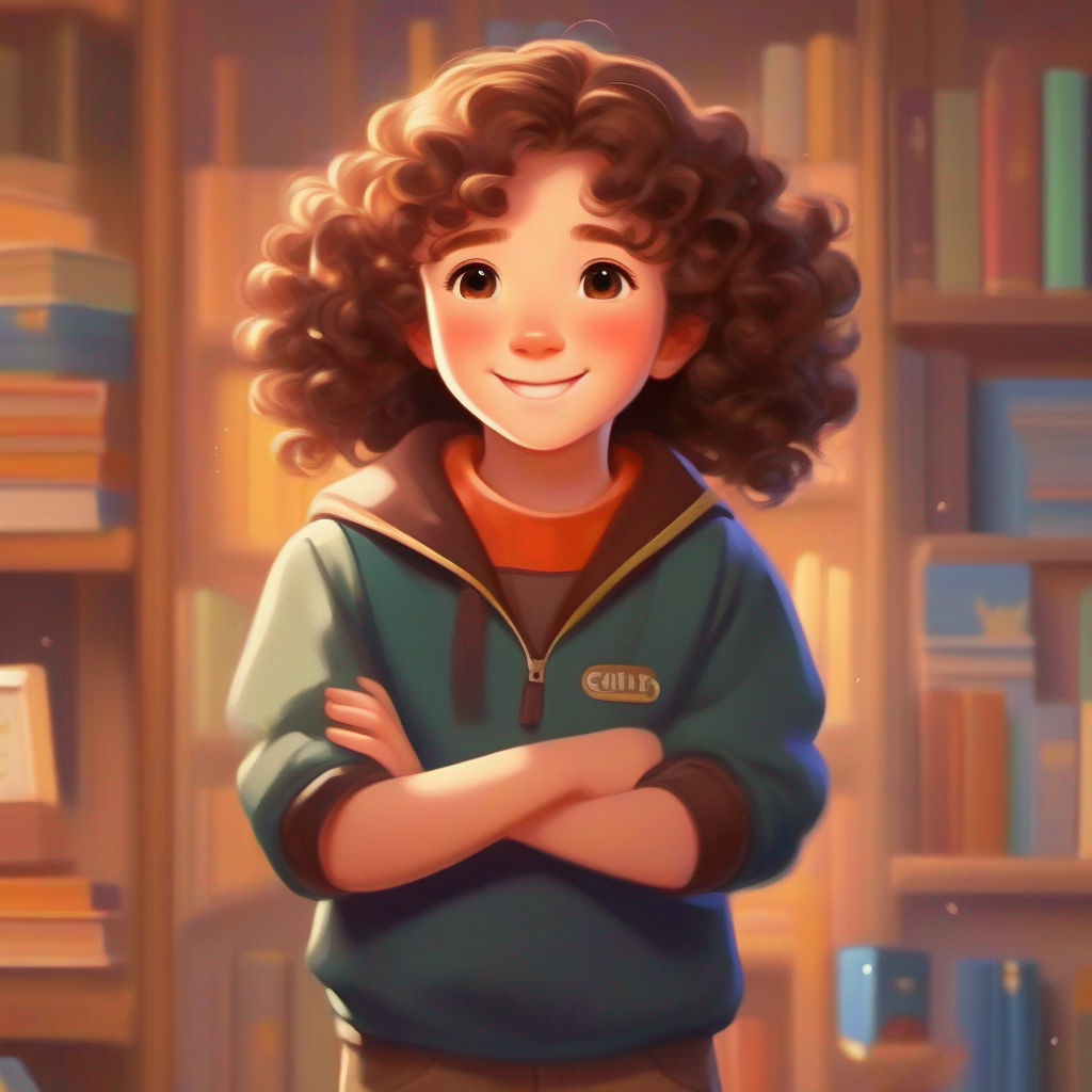 Rancy with curly brown hair, smart and adorable spelling words correctly, proud and victorious