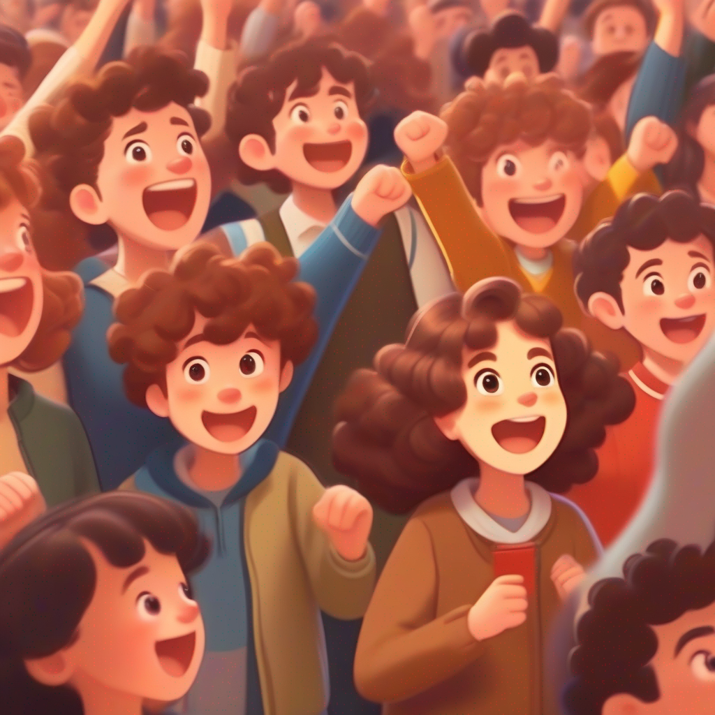 People cheering for Rancy with curly brown hair, smart and adorable, amazed and supportive