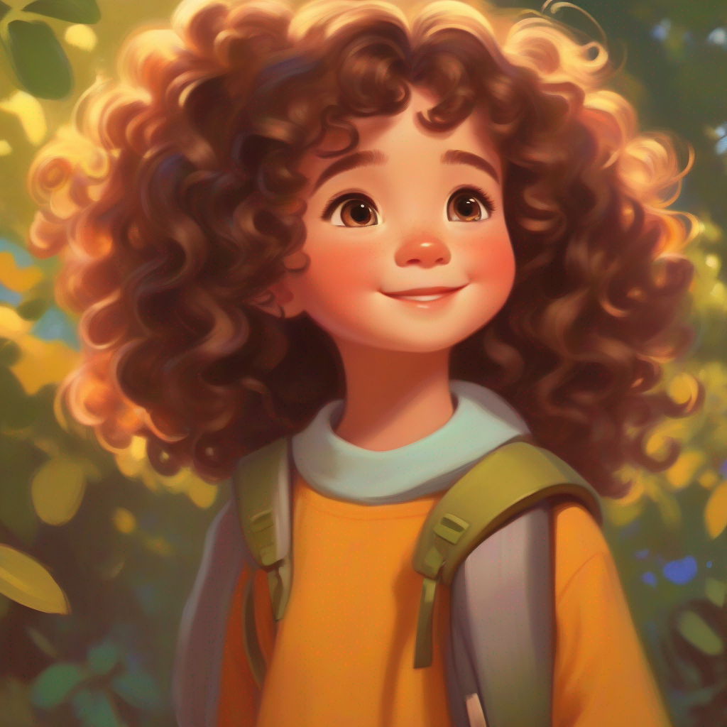 Rancy with curly brown hair, smart and adorable feeling confident, self-assured and happy