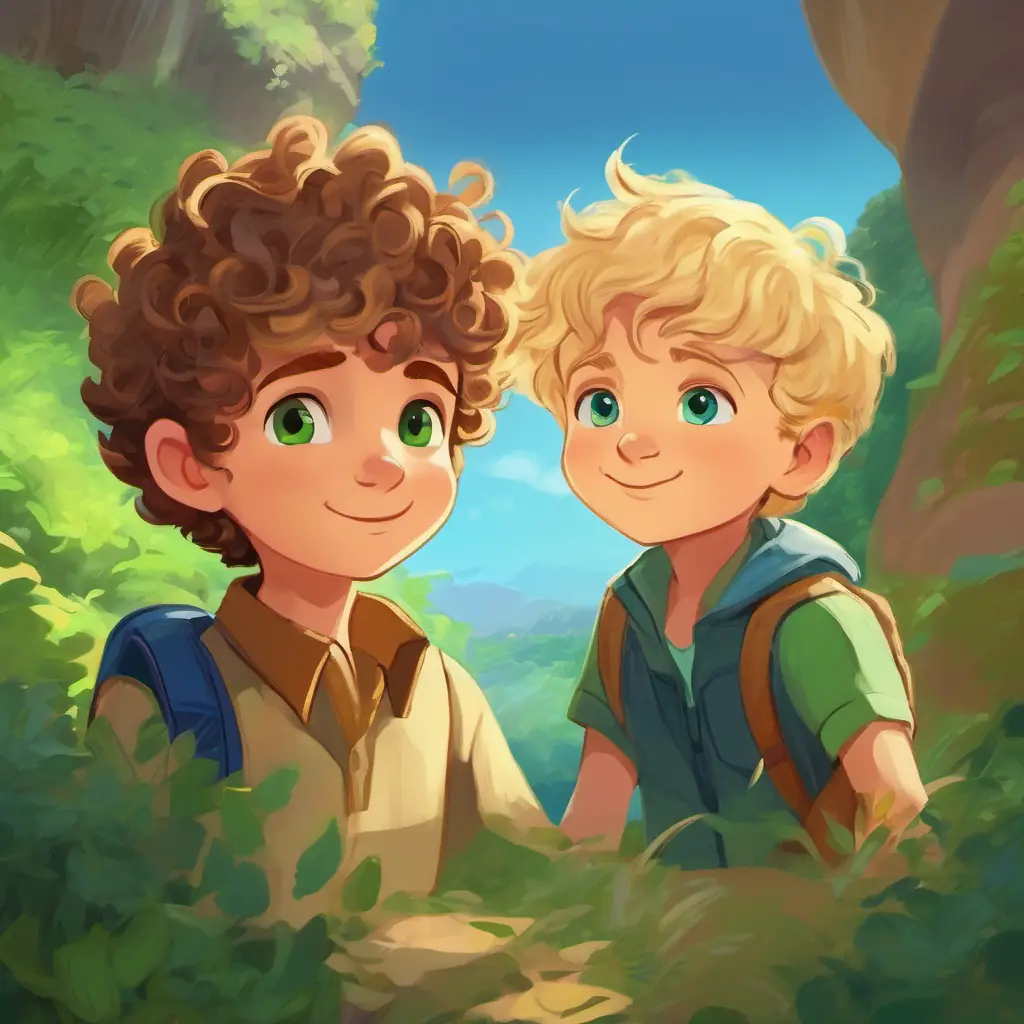 A young boy with curly brown hair, and bright green eyes meets A little boy with short blonde hair, and big blue eyes, their friendship, the beginning of the adventure