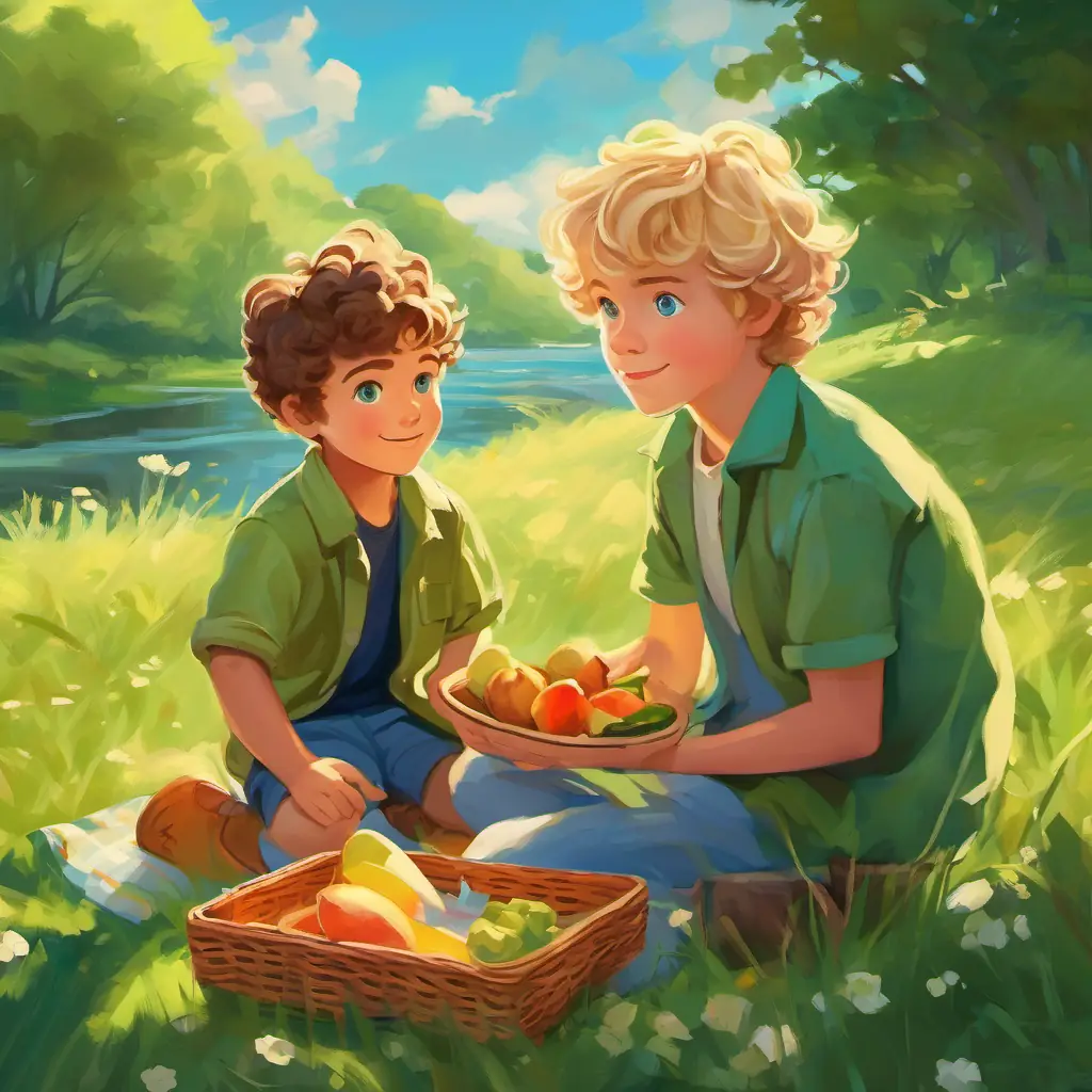 Picnic time, food, A young boy with curly brown hair, and bright green eyes and A little boy with short blonde hair, and big blue eyes's journey