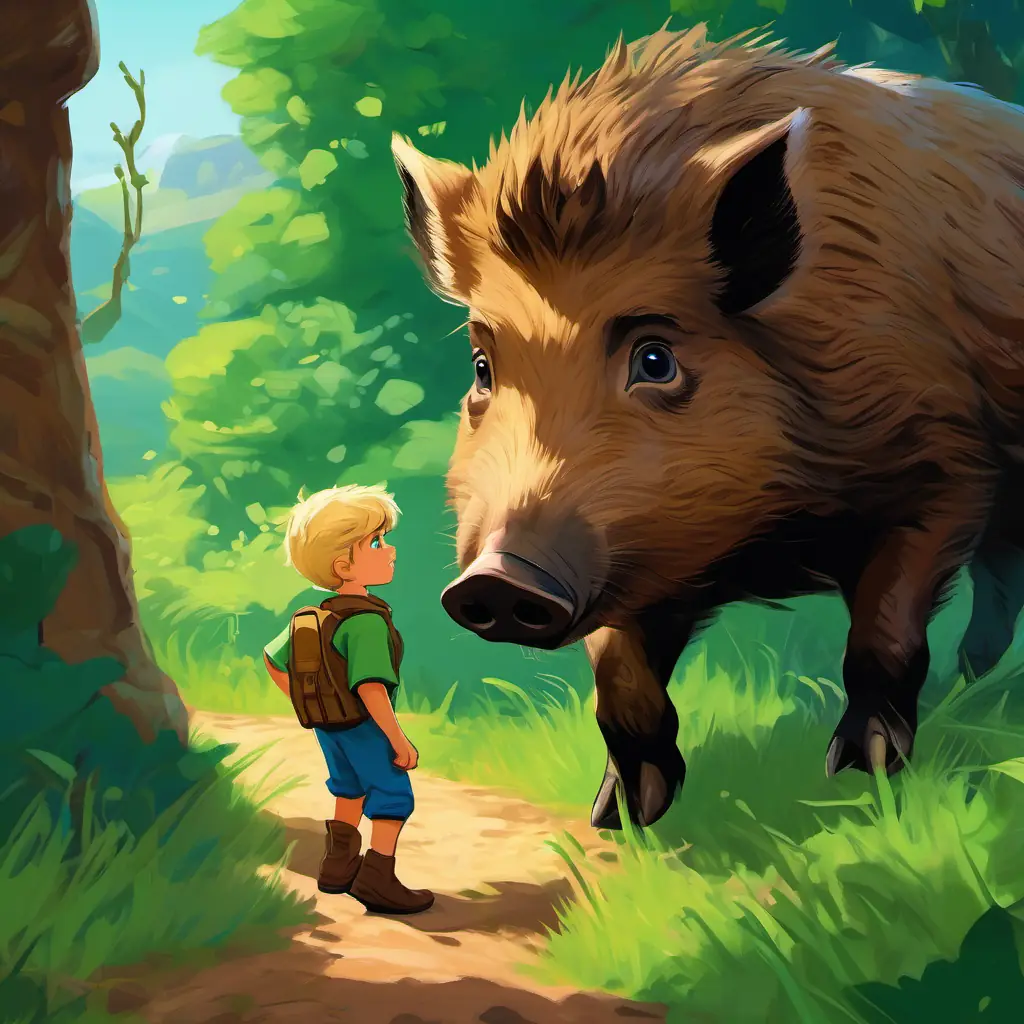 Wild boar encounter, playful prison, A young boy with curly brown hair, and bright green eyes and A little boy with short blonde hair, and big blue eyes's adventure