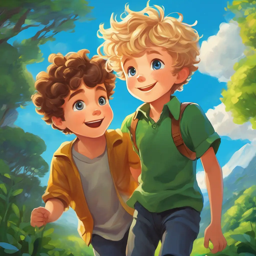 Playful moments, joy, A young boy with curly brown hair, and bright green eyes and A little boy with short blonde hair, and big blue eyes's adventure