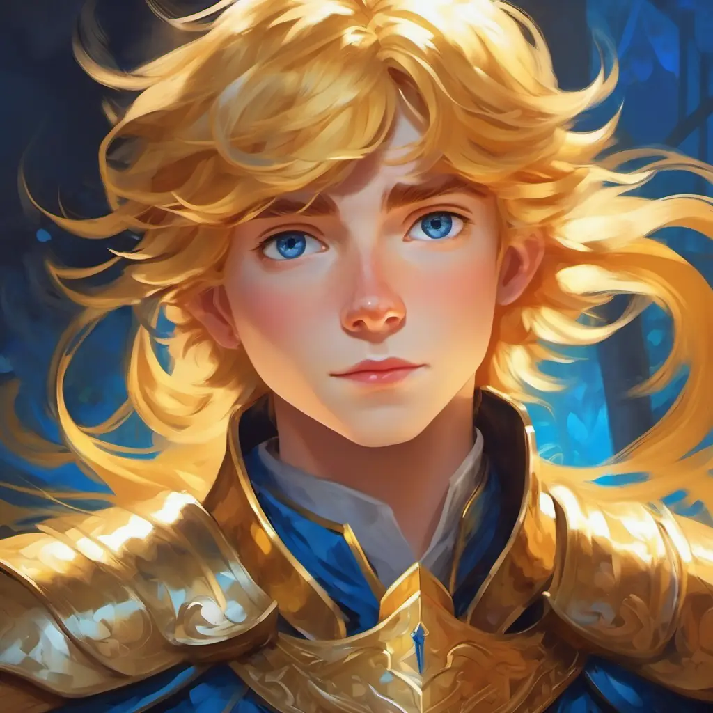Describing Golden hair, fair skin, bright blue eyes, young knight's appearance.