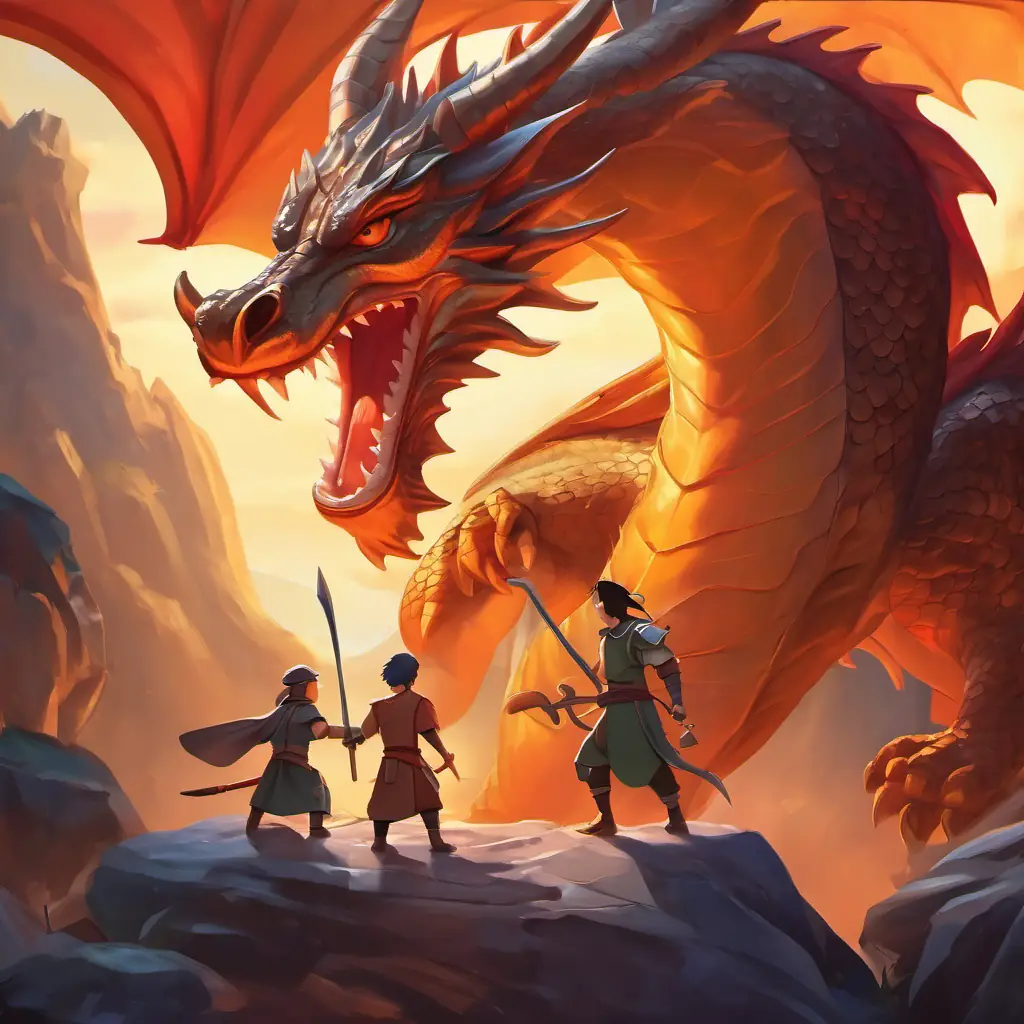 The battle with the dragon, highlighting teamwork.