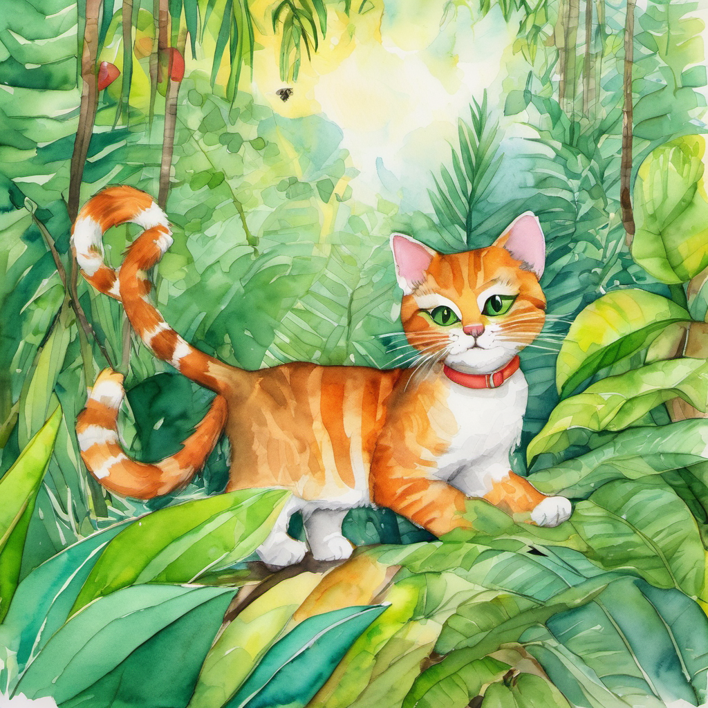 Once upon a time, in a green and colorful jungle, there lived two mischievous cats named Meow and Whiskers. They were best friends who loved to explore the jungle together.  One sunny day, while Meow and Whiskers were walking in the jungle, they came across a clever monkey named Bandaloo. Bandaloo was known for his witty and playful nature. As soon as the cats spotted him, they had an idea for some fun.