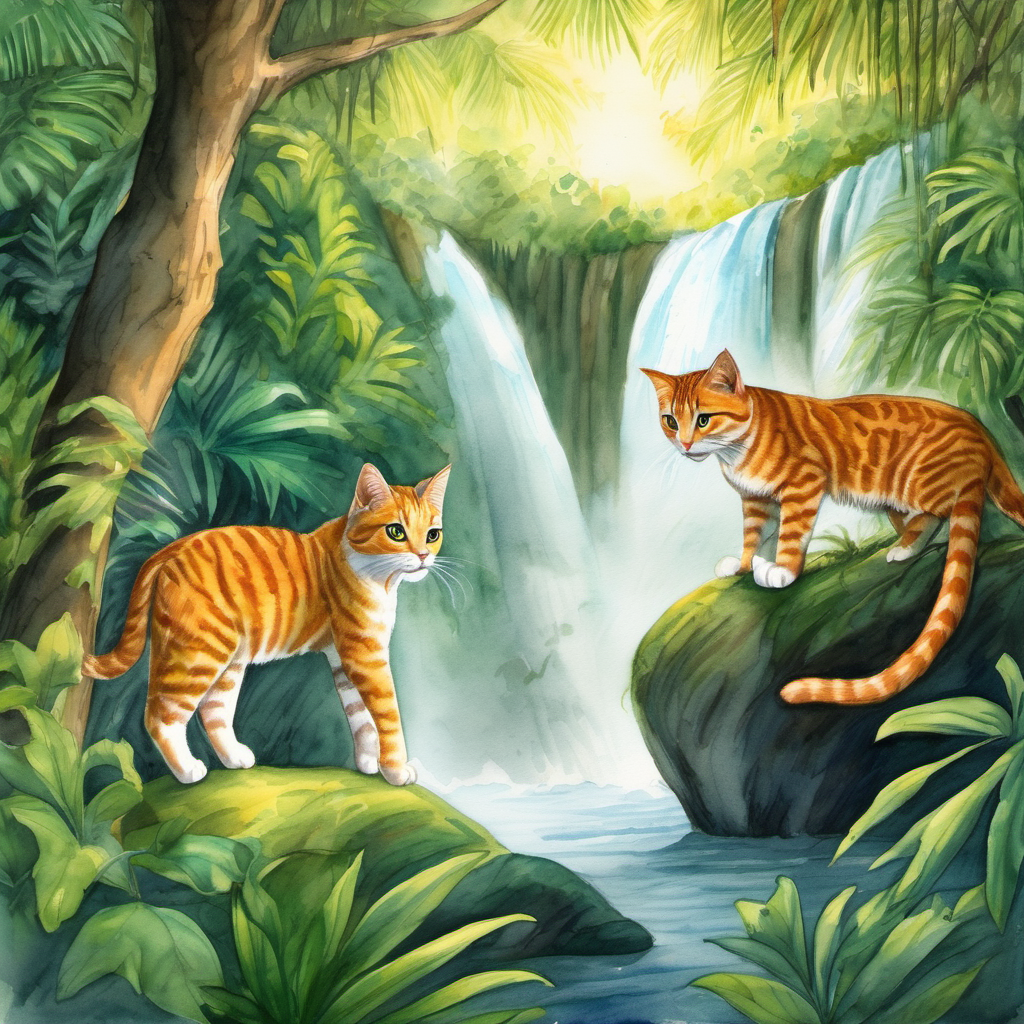 He started leading them through the dense jungle, jumping from tree to tree and swinging on vines. The cats followed him cautiously, trying to hide their laughter. They couldn't believe how easily Bandaloo was falling for their prank. After some time, they reached a clearing in the jungle where a beautiful waterfall was flowing. The cats couldn't help but admire the view. Suddenly, Bandaloo stopped and turned towards them with a surprised expression.