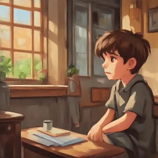 End of the first day, Shy boy, hopeful eyes, short brown hair reflecting on his new friendship and school life.