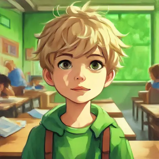 Optimistic boy, messy light hair, green eyes points to their classroom, marked with a symbol of hope.