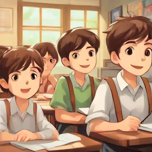 Classroom setting with happy classmates, Shy boy, hopeful eyes, short brown hair feeling positive emotions.