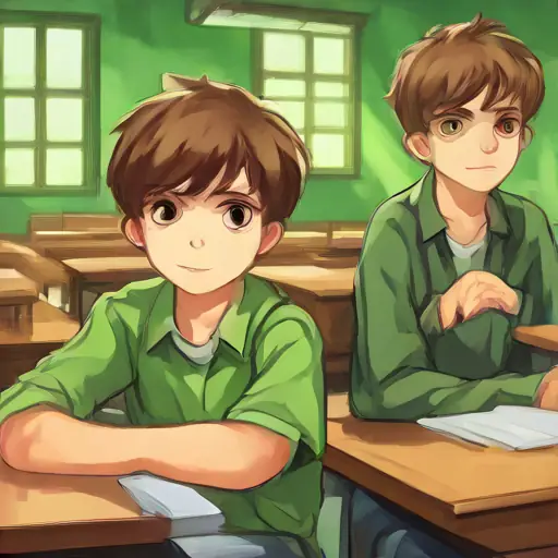 Shy boy, hopeful eyes, short brown hair and Optimistic boy, messy light hair, green eyes sit together, description of the new classroom furniture.
