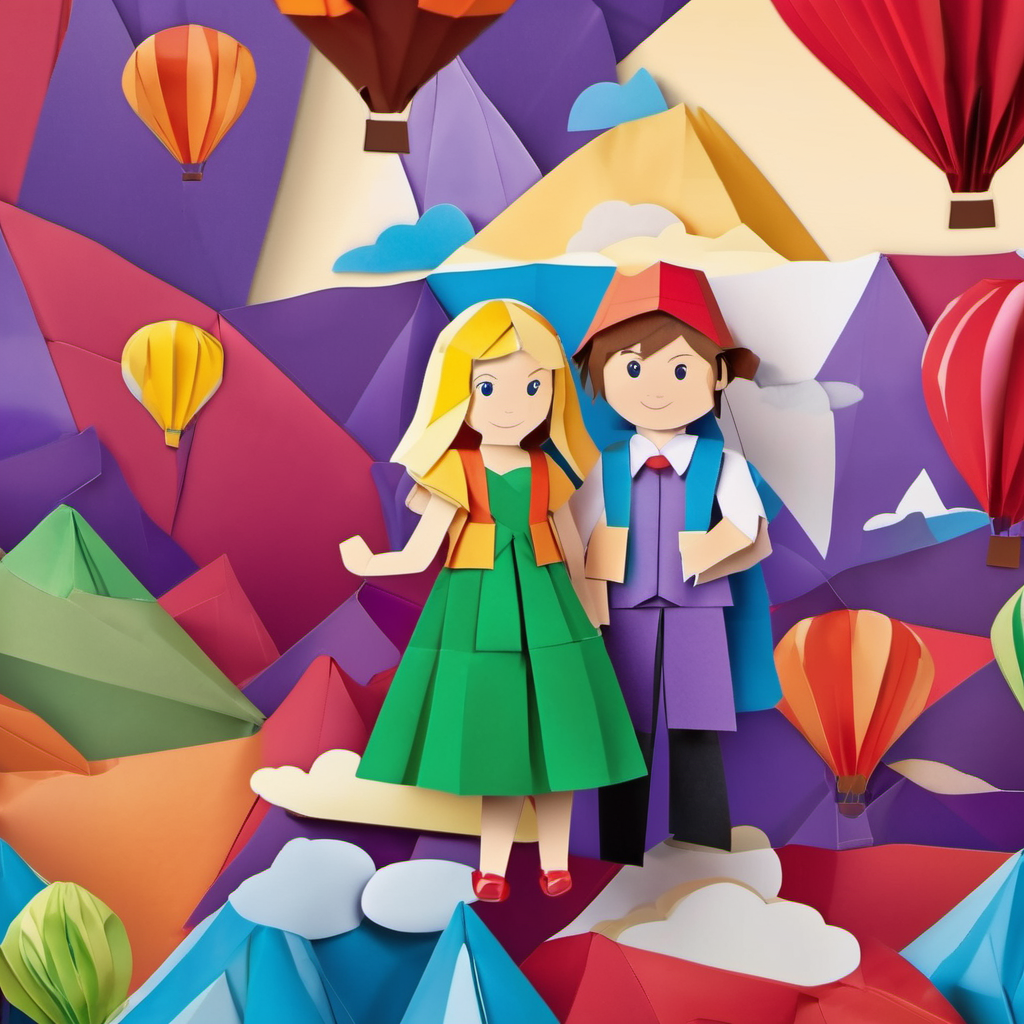 Sam has brown hair, blue eyes, and wears a red hat. and Lily has blonde hair, green eyes, and wears a purple dress. on a colorful hot air balloon