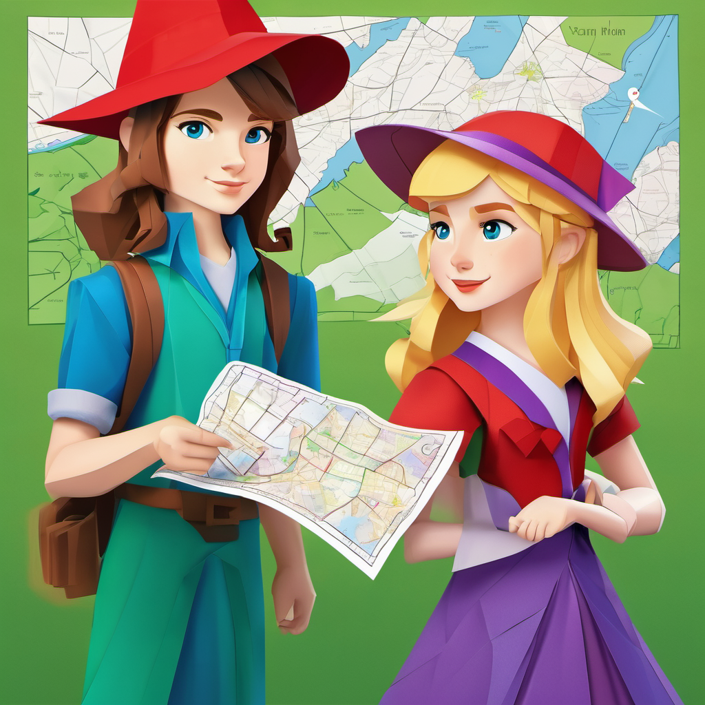 Sam has brown hair, blue eyes, and wears a red hat. and Lily has blonde hair, green eyes, and wears a purple dress. holding a map and pointing