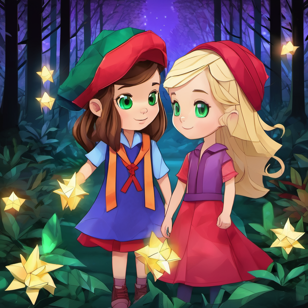 Sam has brown hair, blue eyes, and wears a red hat. and Lily has blonde hair, green eyes, and wears a purple dress. with flashlights in a dark forest