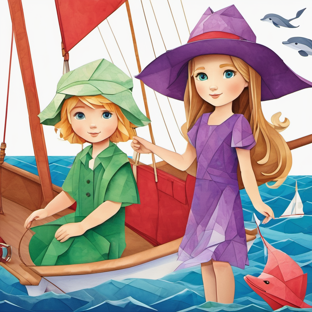 Sam has brown hair, blue eyes, and wears a red hat. and Lily has blonde hair, green eyes, and wears a purple dress. on a sailboat with dolphins