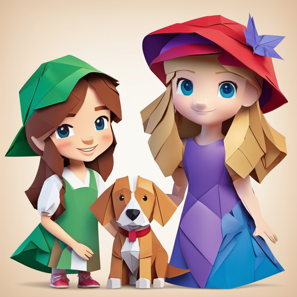 Sam has brown hair, blue eyes, and wears a red hat. and Lily has blonde hair, green eyes, and wears a purple dress. holding hands with a smiling dog