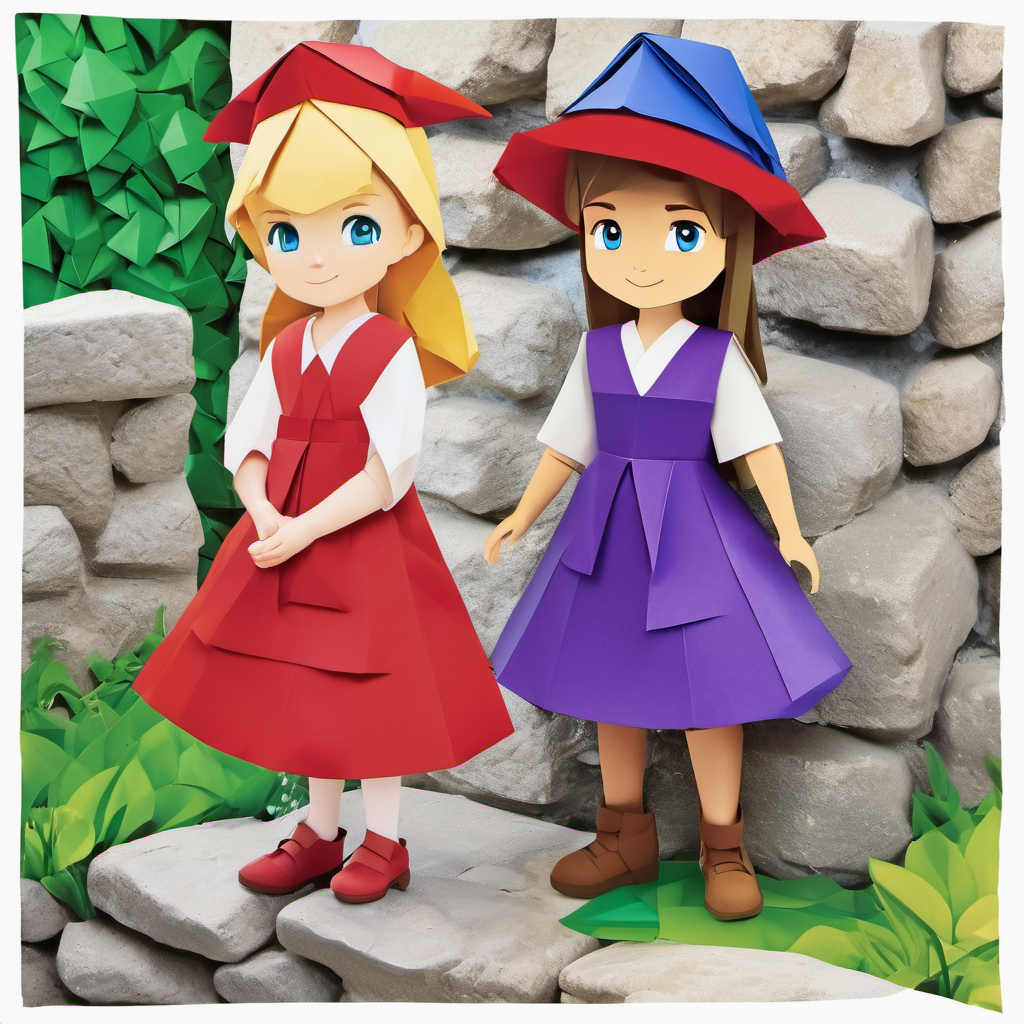 Sam has brown hair, blue eyes, and wears a red hat. and Lily has blonde hair, green eyes, and wears a purple dress. with a key near a stone wall