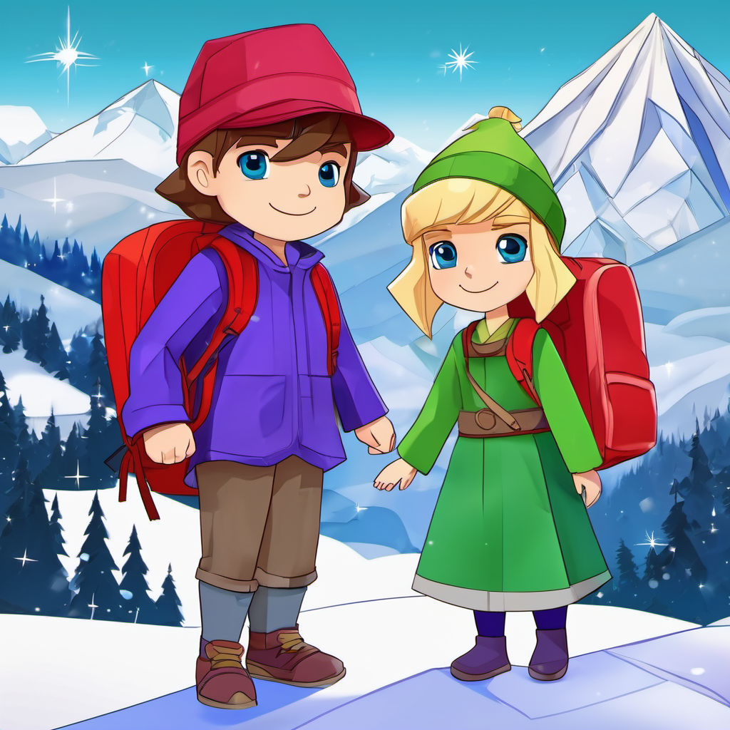 Sam has brown hair, blue eyes, and wears a red hat. and Lily has blonde hair, green eyes, and wears a purple dress. with backpacks near a snowy peak