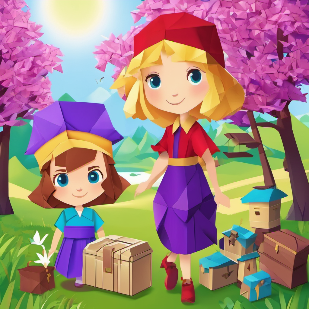 Sam has brown hair, blue eyes, and wears a red hat. and Lily has blonde hair, green eyes, and wears a purple dress. with a treasure chest and trees