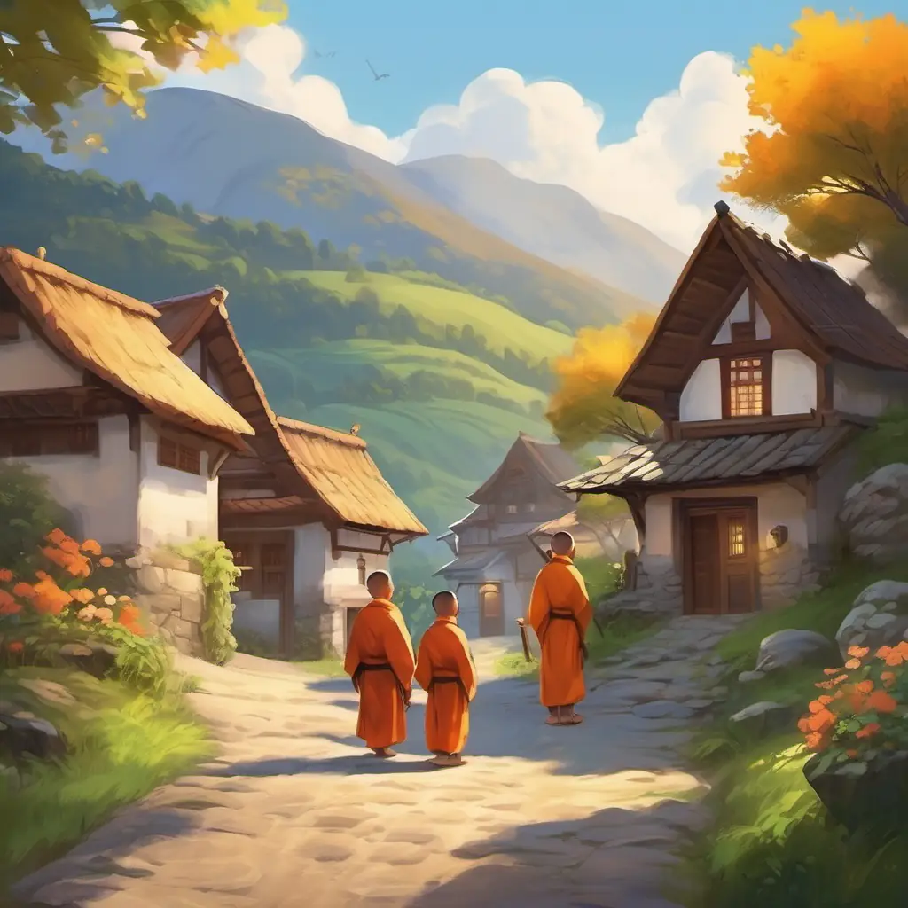 Introduction and setting - a peaceful mountain village, three little monks