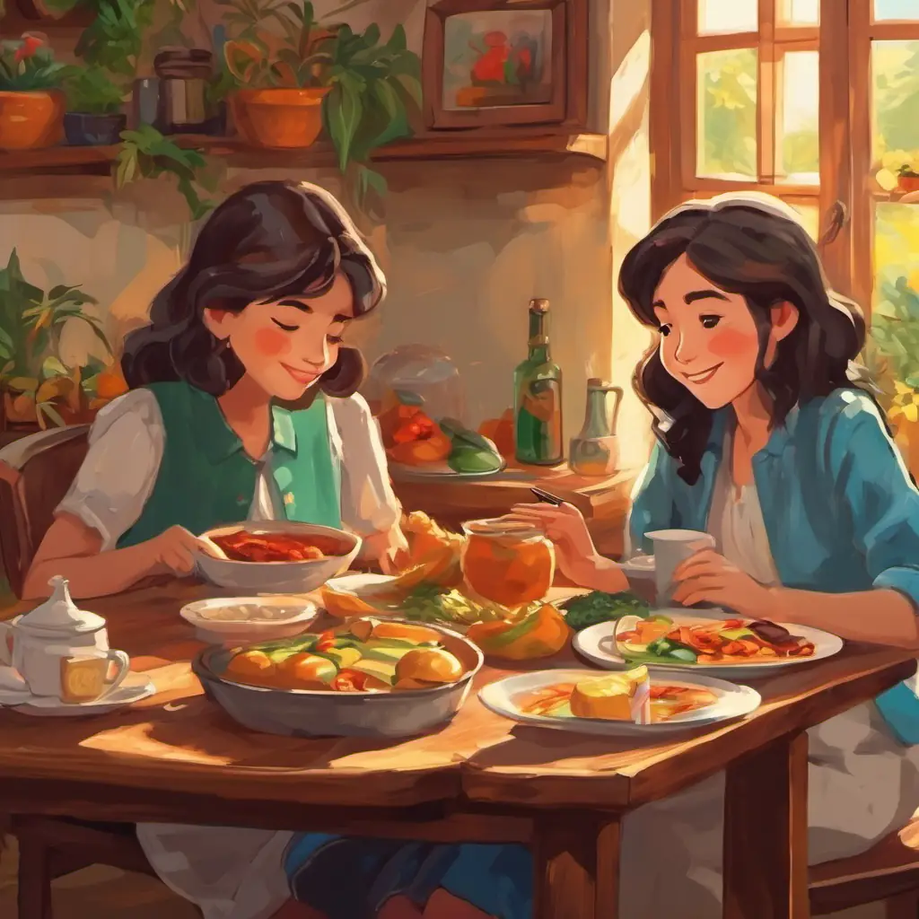 En la página, se muestra a las tres amigas sentadas en una mesa durante el recreo. Cada una tiene su propia comida y están sonriendo mientras hablan y comen.