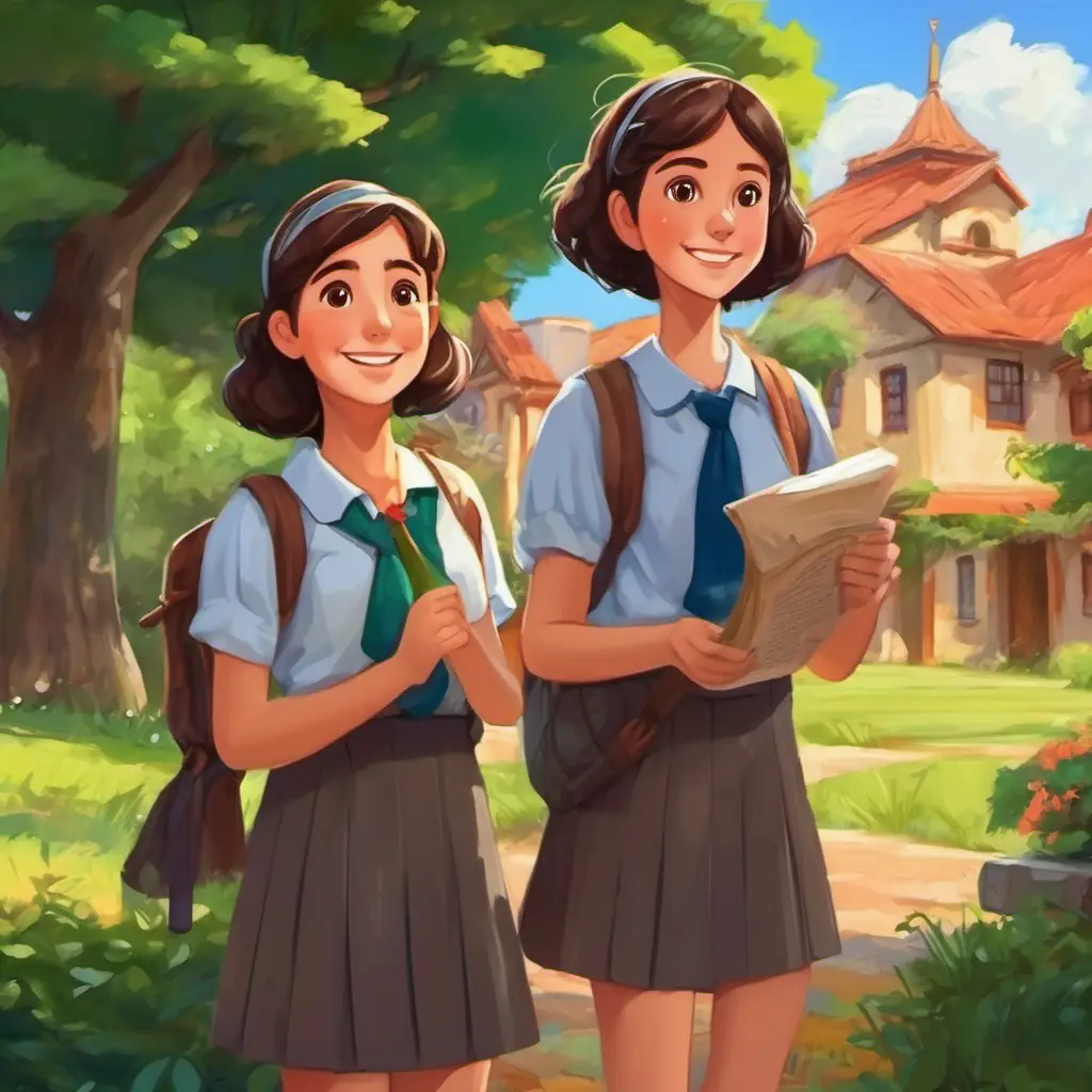 En la página, se muestra a las tres amigas de pie frente a su colegio, sosteniendo sus diplomas. Están sonriendo y mirándose con cariño.