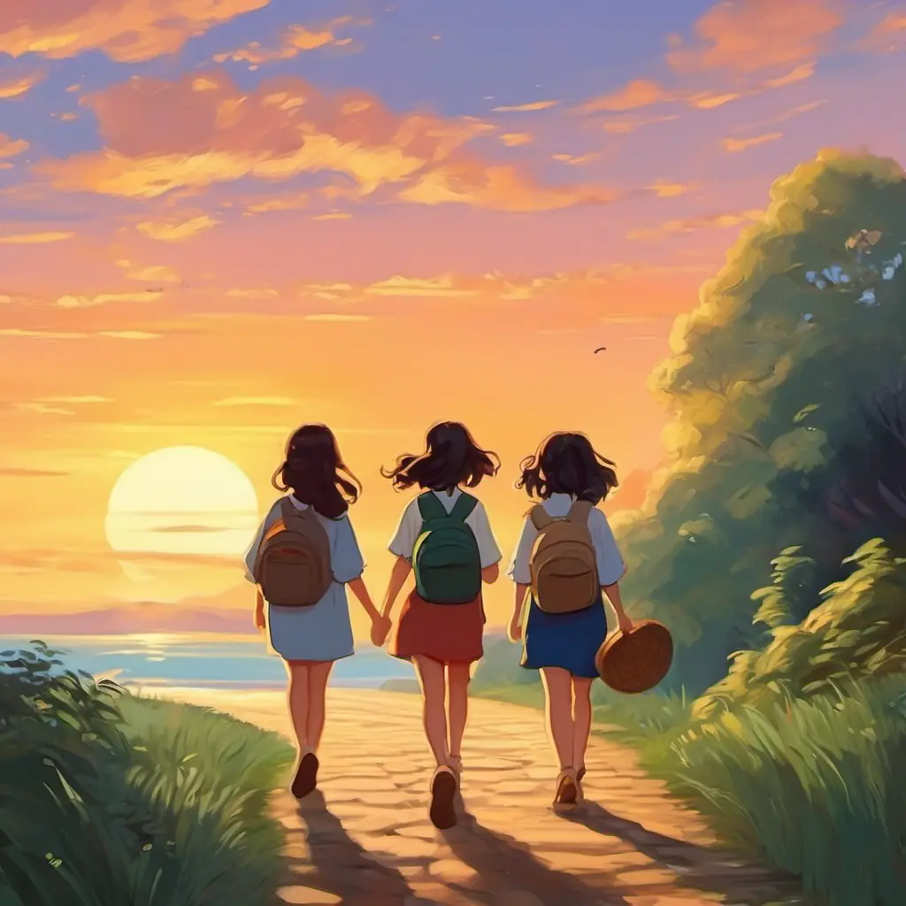 En la última página, se muestra a las tres amigas caminando juntas hacia el horizonte. Están sonriendo y tomadas de la mano.