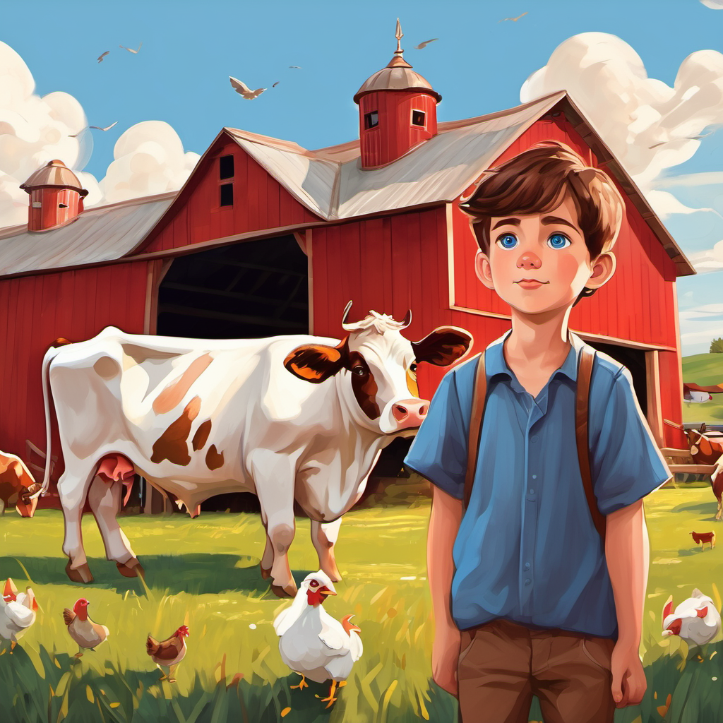 A young boy with short brown hair and blue eyes standing outside a big red barn with cows and chickens nearby.