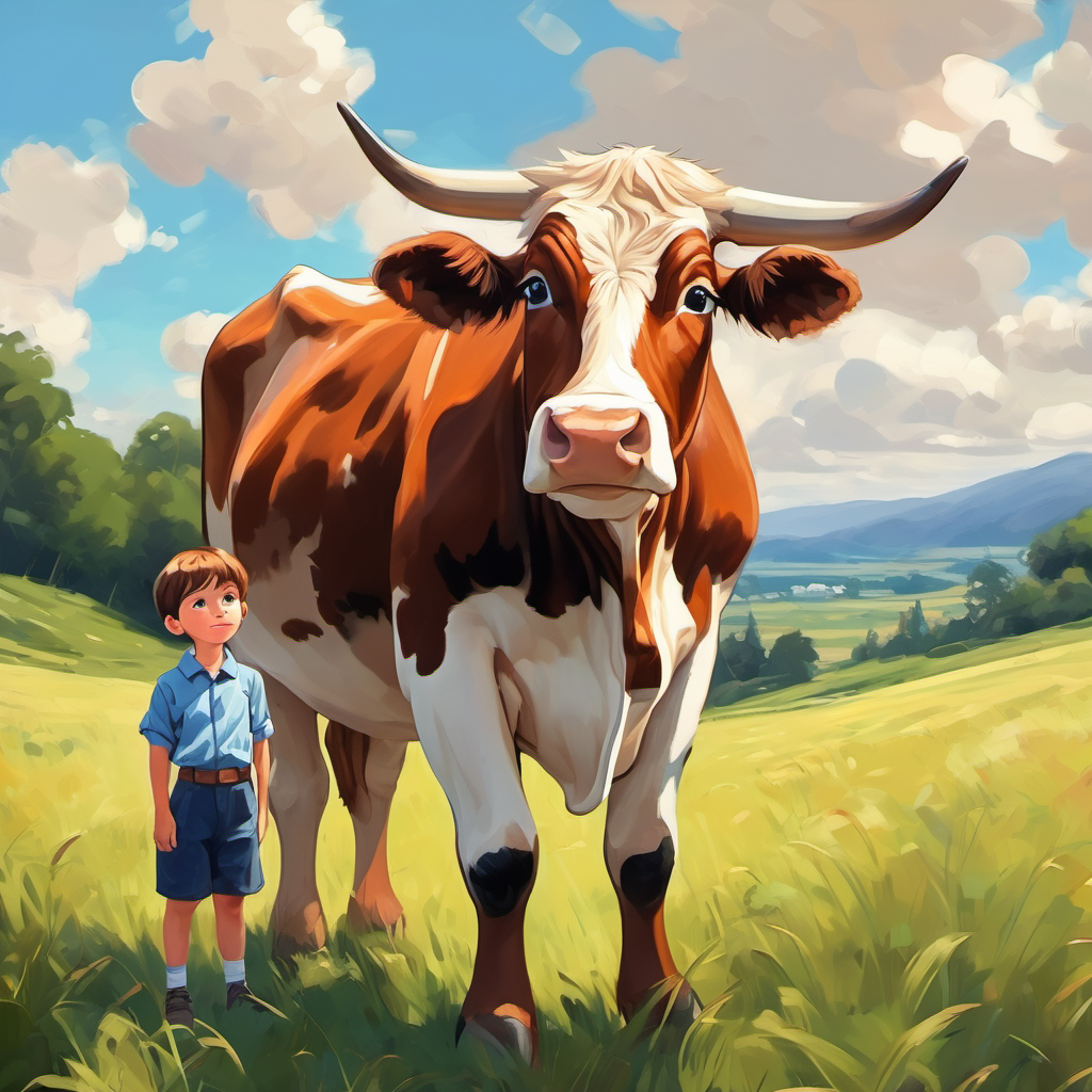 A young boy with short brown hair and blue eyes next to a big brown cow with white spots in a grassy field.