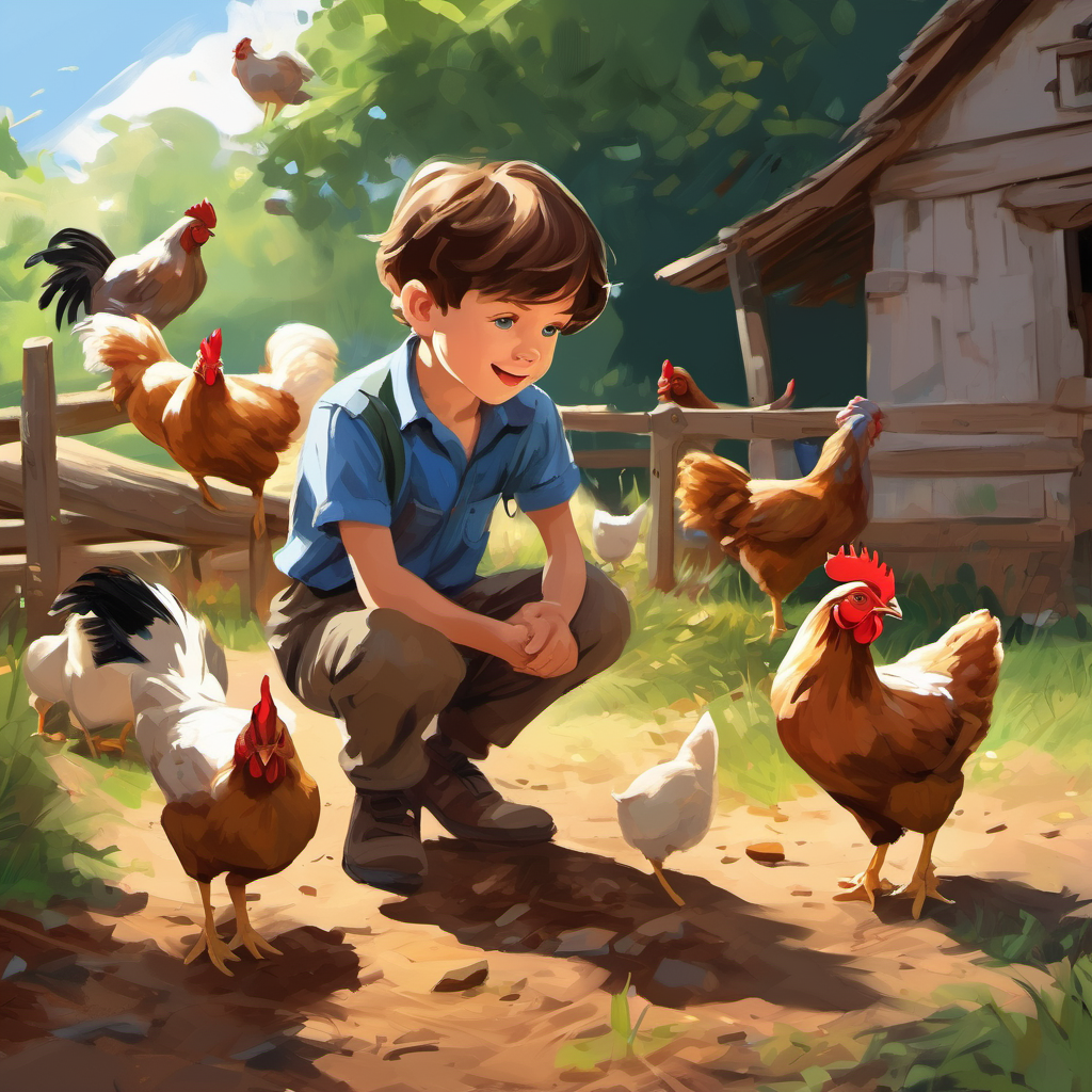 A young boy with short brown hair and blue eyes near a group of chickens scratching the dirt and making noise.