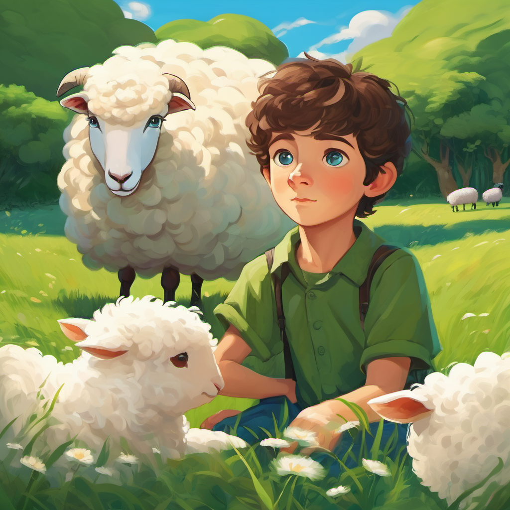 A young boy with short brown hair and blue eyes beside a fluffy white sheep in a green pasture.