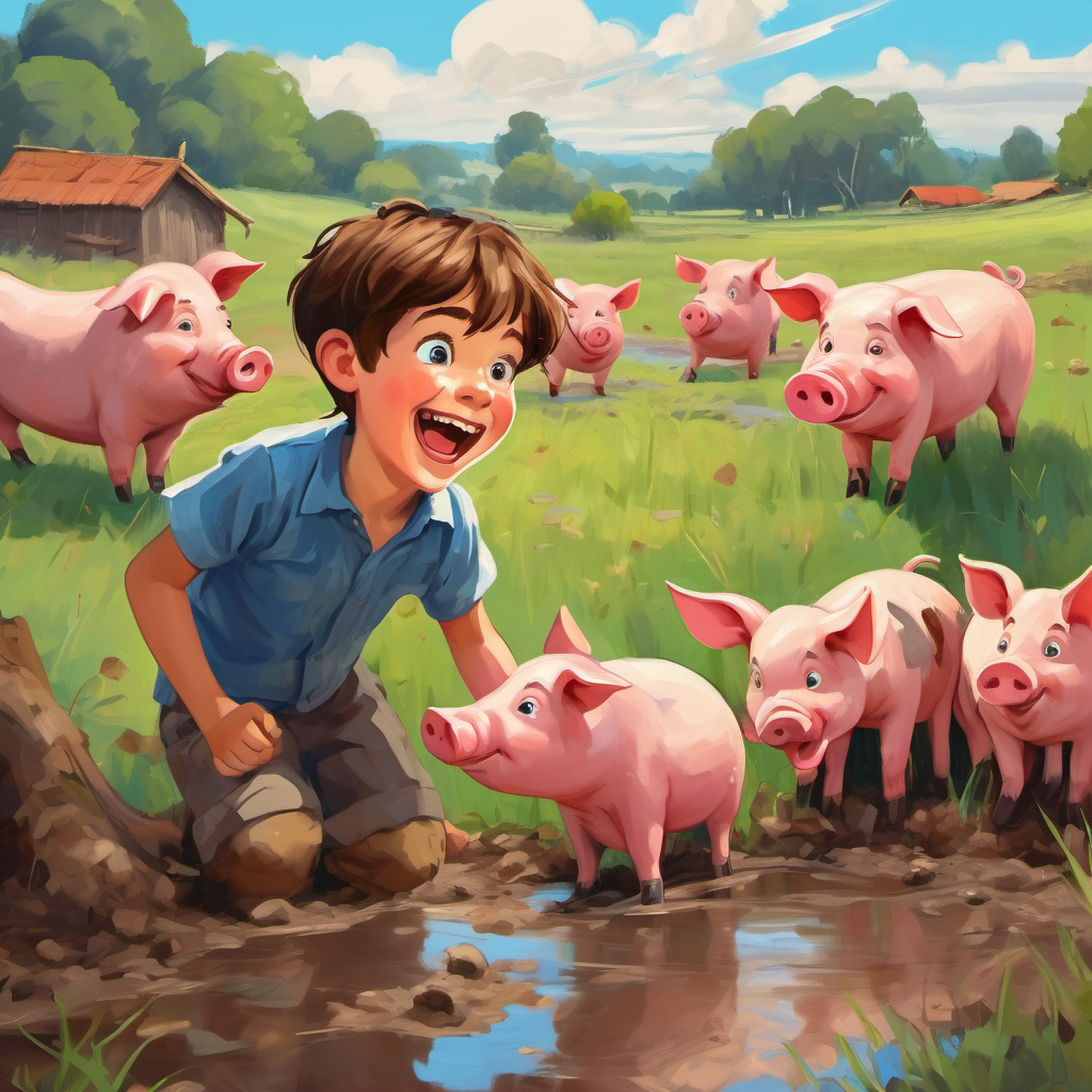 A young boy with short brown hair and blue eyes laughing at some pigs covered in mud and making funny sounds.