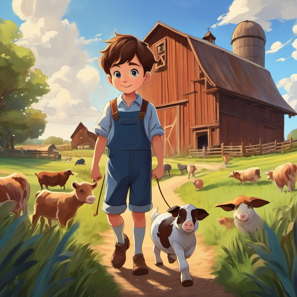 A young boy with short brown hair and blue eyes waving goodbye to the farm, with the barn and animals in the background.