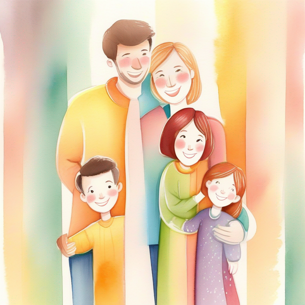 A family standing together, smiling. Colors: bright and warm.