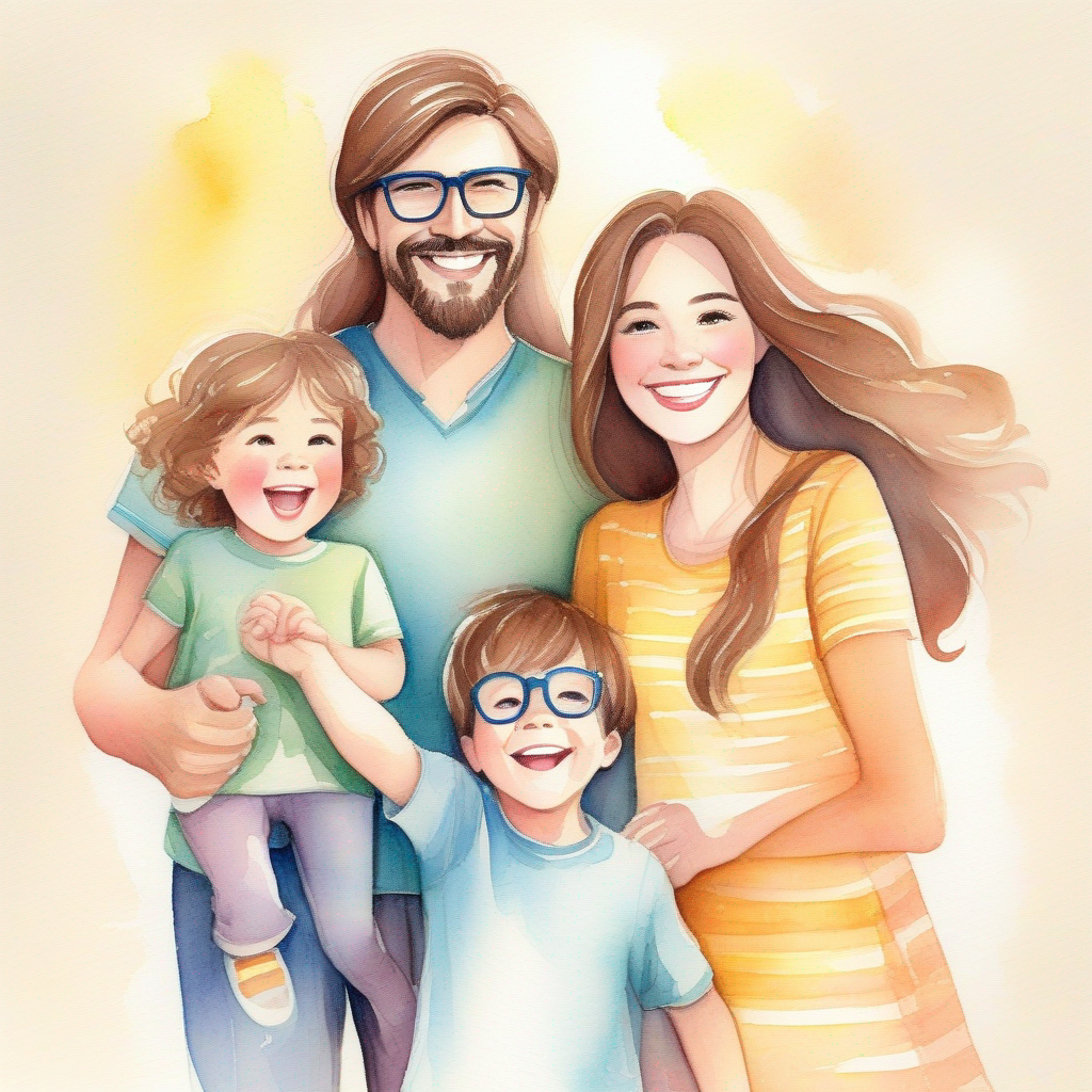 A A loving mom with long brown hair and a warm smile., A caring dad with glasses and a playful grin., and two Two happy children, a boy and a girl, full of energy. holding hands. Colors: diverse and cheerful.